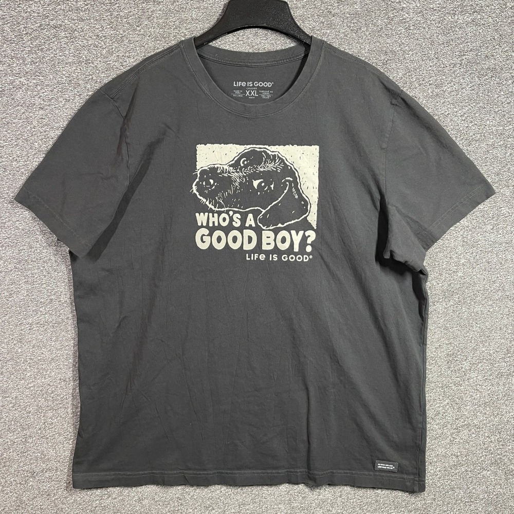 Life is Good Mens XXL Crusher Tee Gray Whos a Good Boy Dog Graphic T-Shirt